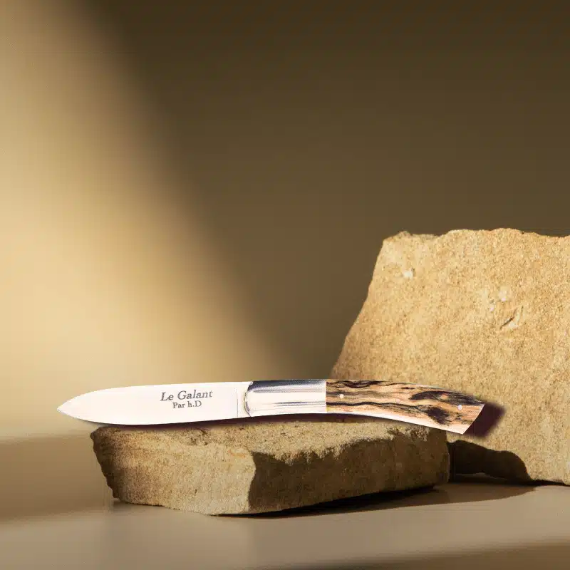 Couteau artisanal avec manche en bois posé joliment sur une pierre aiguiseur