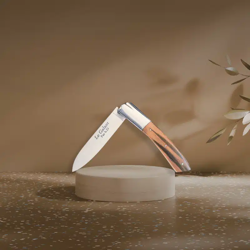 Couteau pliant doté d'un manche en bois et d'une lame en acier tranchant