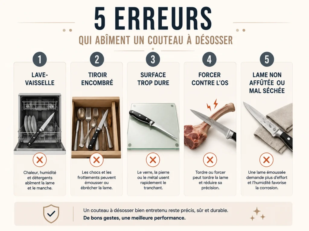 Infographie présentant cinq erreurs qui abîment un couteau à désosser : lave-vaisselle, mauvais rangement, surface dure, force excessive et manque d’entretien.