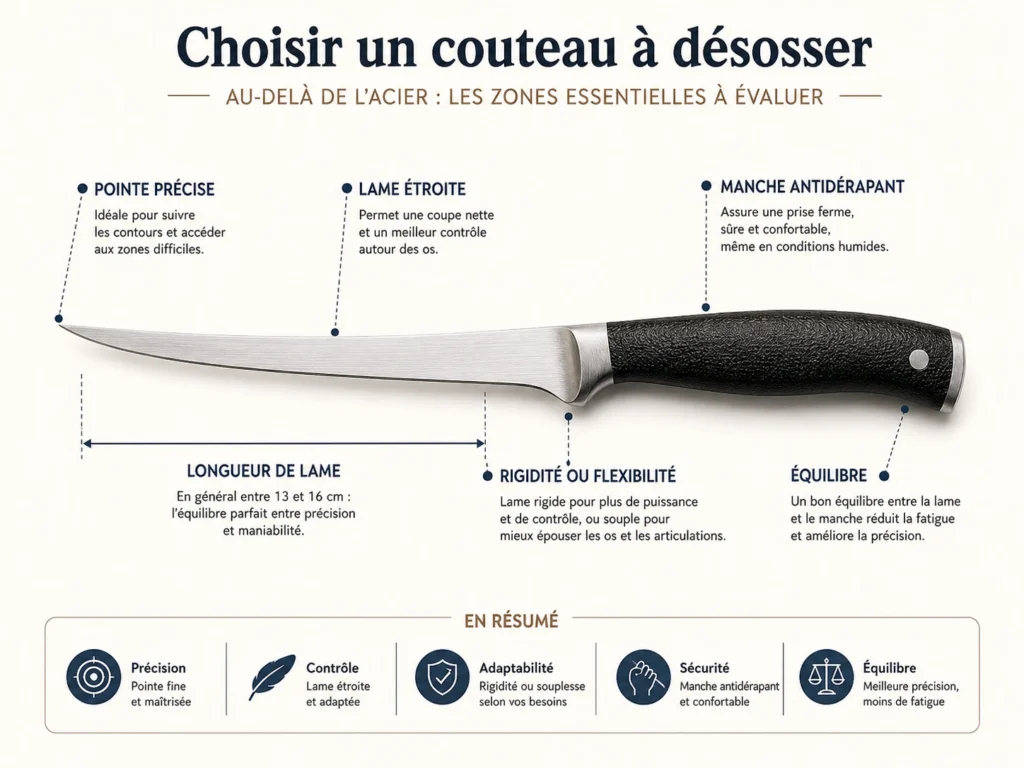 Une infographie technique intitulée Couteau à désosser présentant la silhouette profilée d'une longue lame incurvée en acier mat et net. Des lignes de repère fines pointent vers les éléments clés de sa structure, notamment sa pointe incurvée et précise, sa lame étroite et un manche noir mat texturé muni de trois rivets métalliques brillants.