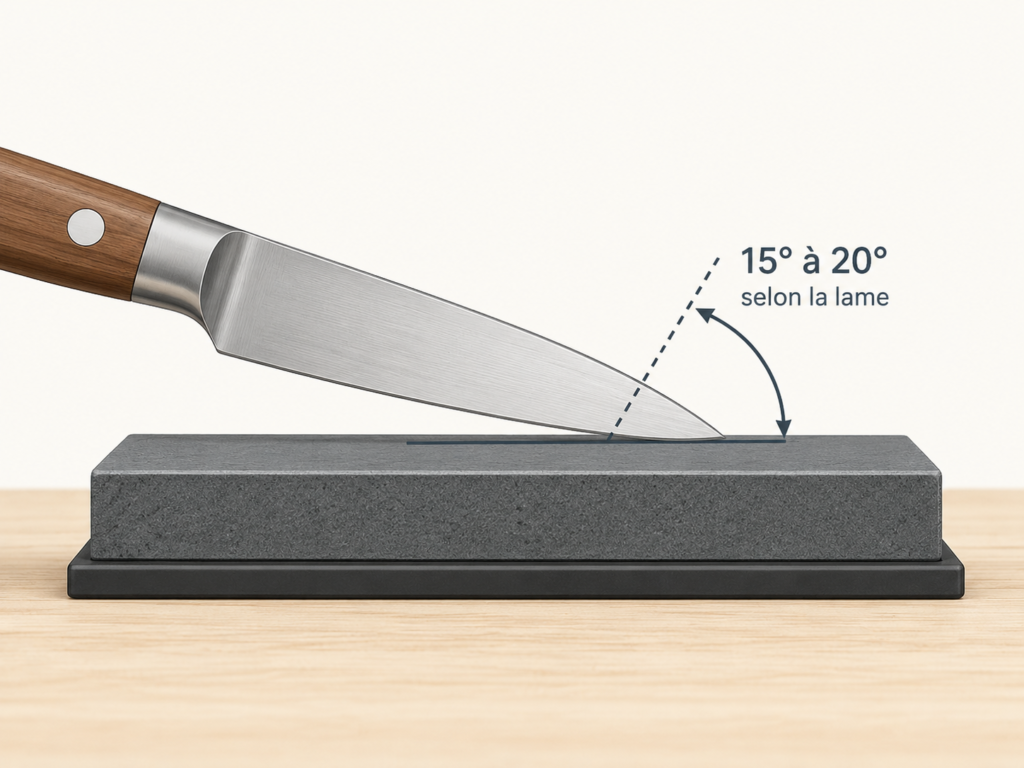 Schéma technique montrant l'inclinaison d'une lame de couteau d'office sur une pierre à aiguiser rectangulaire grise, avec une flèche indiquant un angle de 15° à 20° selon la lame.