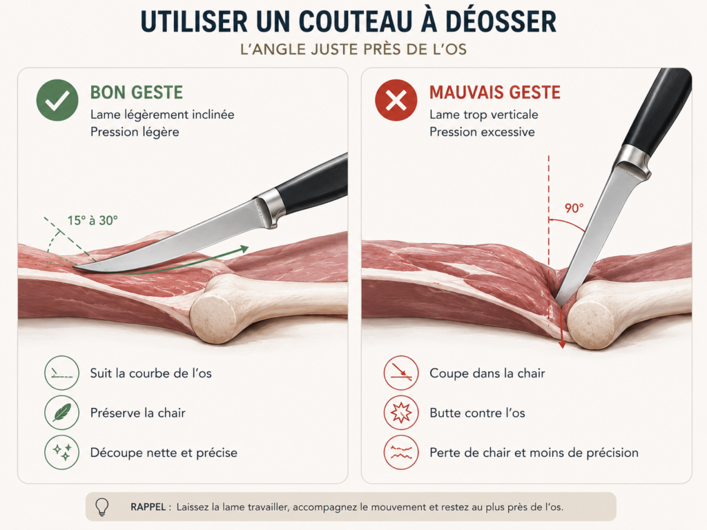 Une infographie comparant le bon et le mauvais geste pour désosser de la viande, montrant à gauche une lame bien inclinée entre 15 et 30 degrés pour suivre l'os et à droite une lame trop verticale à 90 degrés qui coupe dans la chair.