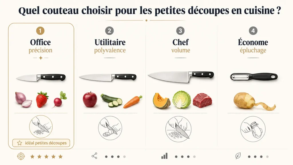 Bannière culinaire présentant un couteau d’office, un bec d’oiseau et un économe pour les petites découpes en cuisine.