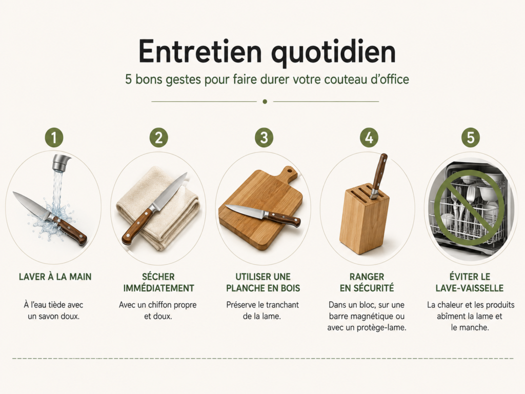 Une infographie présentant cinq cercles illustrés pour l'entretien quotidien d'un couteau d'office. Les étapes montrent le lavage à la main sous l'eau, le séchage immédiat avec un chiffon beige, l'utilisation d'une planche en bois brun, le rangement dans un bloc en bois et un lave-vaisselle barré d'un cercle rouge d'interdiction.
