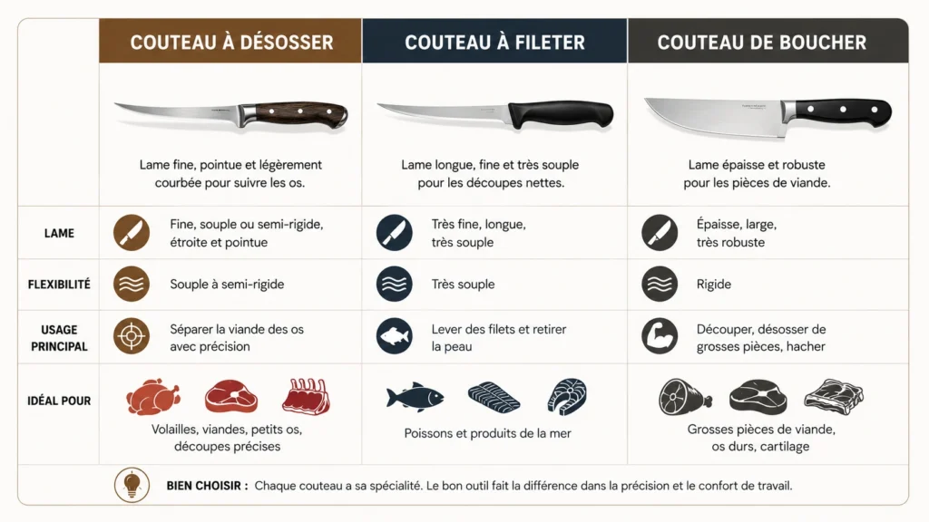 Tableau comparatif mettant en parallèle un couteau à désosser à manche en bois, un couteau à fileter et un couteau de boucher en détaillant pour chacun les spécificités de la lame, le niveau de flexibilité, l'usage principal et les aliments idéaux sous forme d'icônes.
