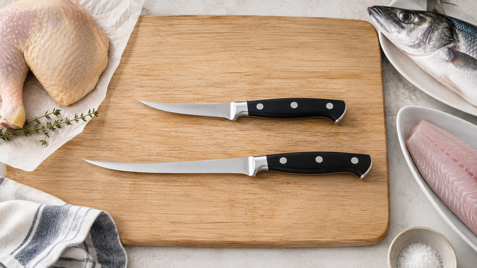 Une planche à découper en bois clair portant un couteau à désosser et un couteau à filet aux lames fines et courbes entourés par une cuisse de poulet avec du thym un poisson entier et un filet frais dans un plat blanc