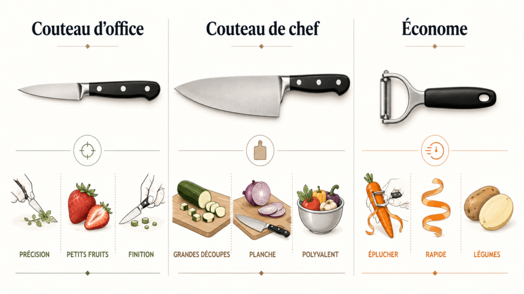 Comparatif entre couteau d’office, couteau de chef et économe selon leurs usages en cuisine.