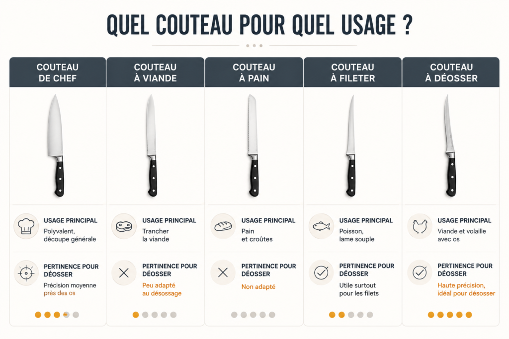 Tableau comparatif des couteaux de cuisine mettant en avant la supériorité du couteau à désosser pour les viandes avec os face aux couteaux de chef, à viande, à pain et à fileter.