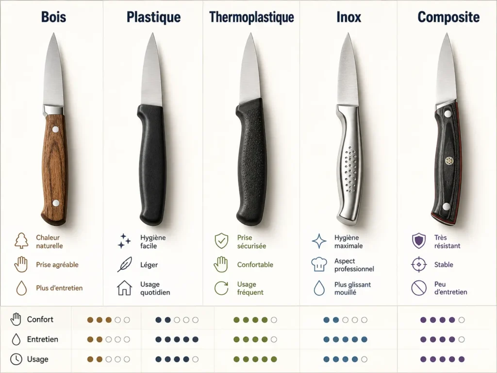 Comparatif des matériaux de manche pour couteau d’office : bois, plastique, inox et composite.