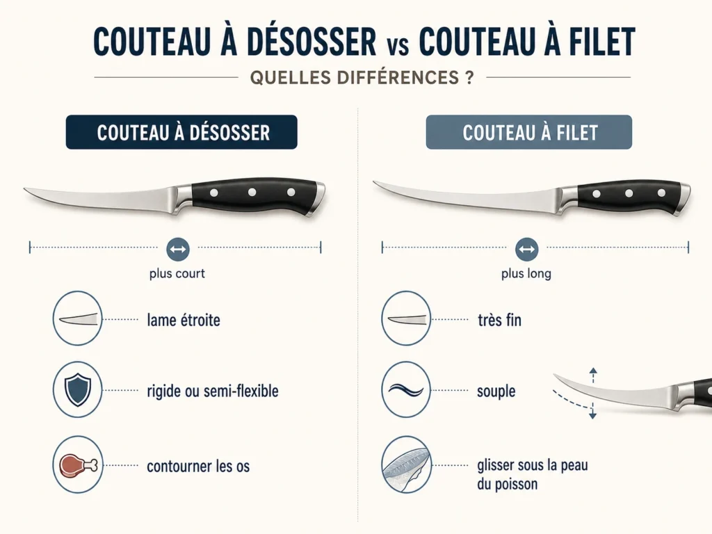 Infographie comparative entre un couteau à désosser et un couteau à filet de poisson, détaillant les différences de longueur, de profil de lame (étroite vs très fine), de flexibilité (rigide vs souple) et d'utilisation culinaire.