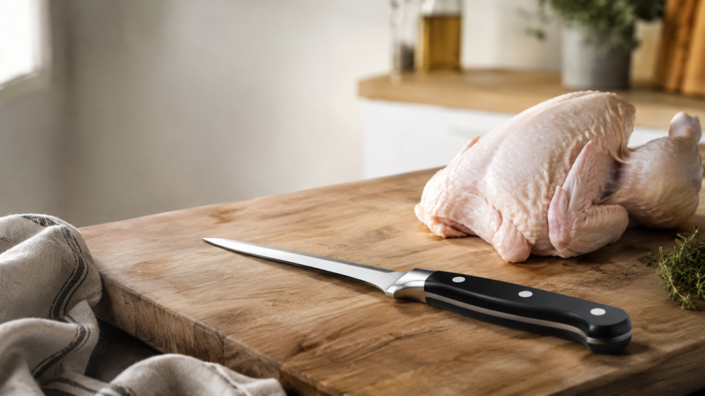 Couteau à désosser à lame fine et manche noir posé sur une planche à découper en bois près d’une pièce de viande prête à être préparée.