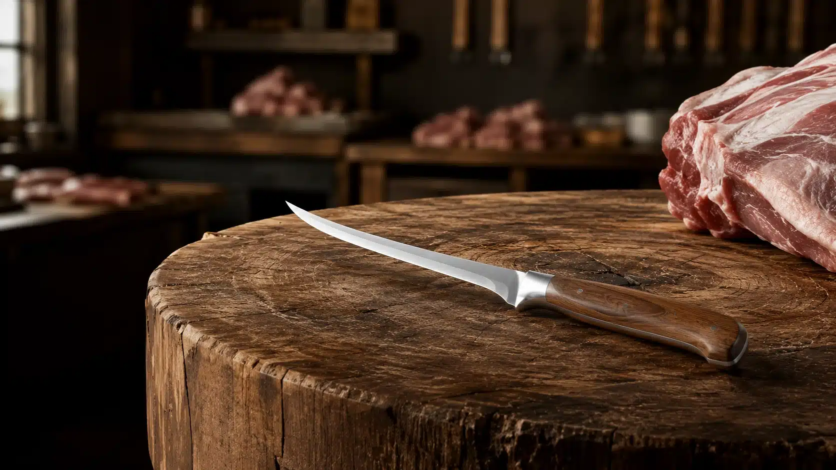 Couteau à désosser à lame fine et courbe avec manche en bois posé sur un billot de boucher traditionnel en bois brut à côté d'une pièce de viande.