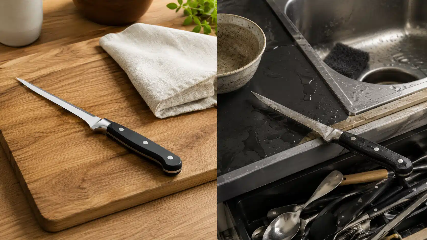 Comparaison entre un couteau à désosser bien entretenu posé sur une planche en bois claire et le même couteau sale et mouillé posé sur le bord d'un évier noirci.