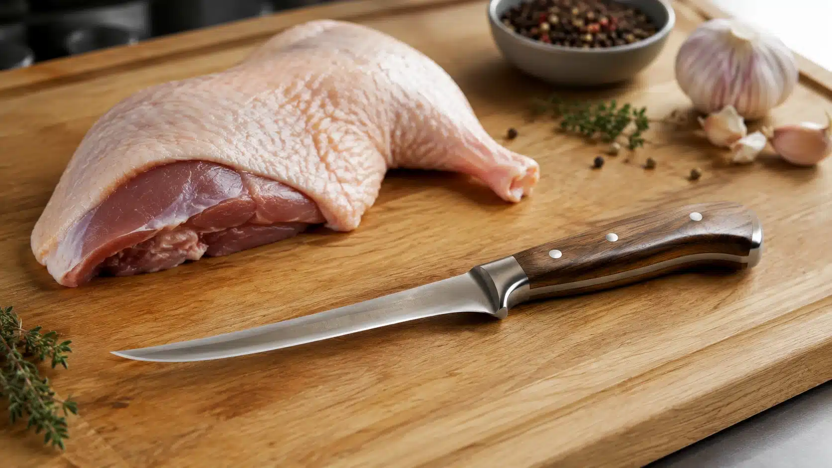 Un couteau à désosser posé au premier plan sur une planche en bois à côté d'une cuisse de volaille crue, d'une tête d'ail et d'aromates.