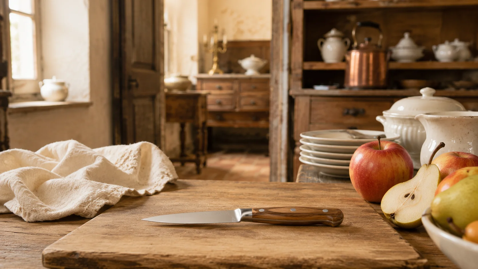 Un couteau d'office posé au centre d'une planche à découper en bois massif d'un brun texturé par le temps, entouré d'une nappe beige froissée et de pommes et poires fraîches dans une cuisine ancienne aux meubles en bois chaleureux
