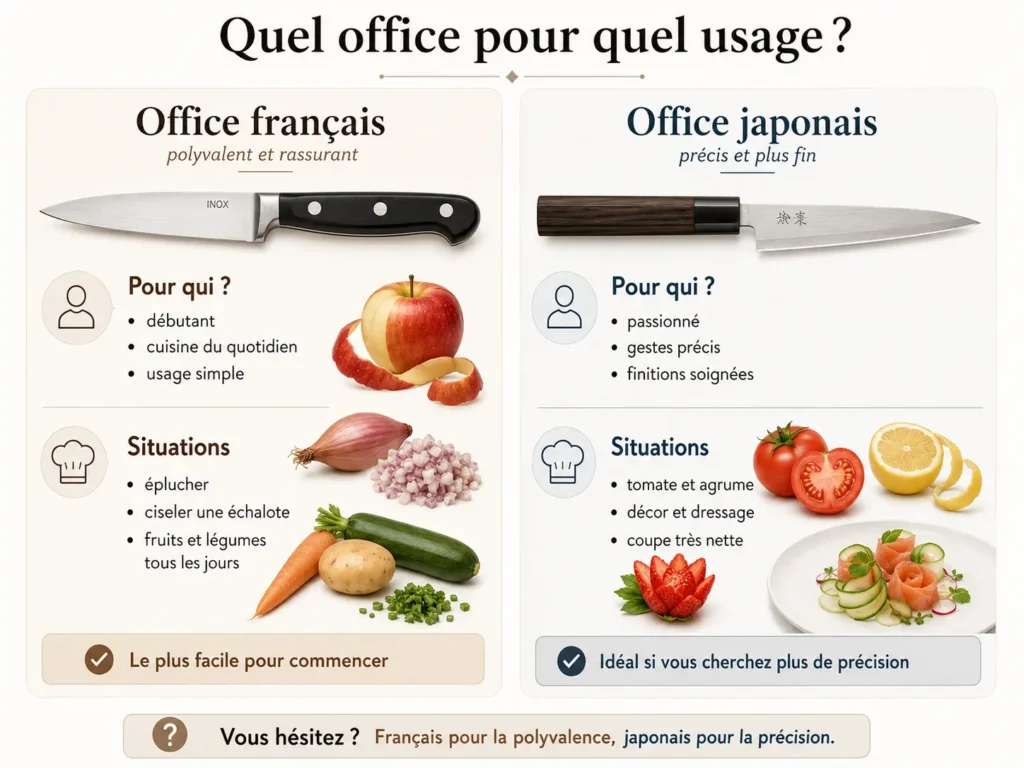 Infographie comparant le couteau d’office français et le couteau d’office japonais selon le profil d’utilisateur et les situations de coupe.