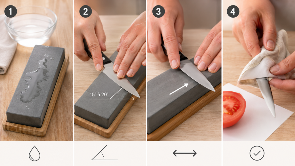 Un guide visuel en quatre étapes numérotées détaillant le processus d'affûtage d'un couteau d'office. Étape un, la pierre à aiguiser grise posée sur un socle en bois est humidifiée avec de l'eau. Étape deux, les mains maintiennent la lame selon un angle précis de 15 à 20 degrés. Étape trois, une flèche blanche indique le mouvement de va-et-vient sur la surface. Étape quatre, la lame est essuyée avec un linge blanc à côté d'une demi-tomate prête pour le test de coupe.