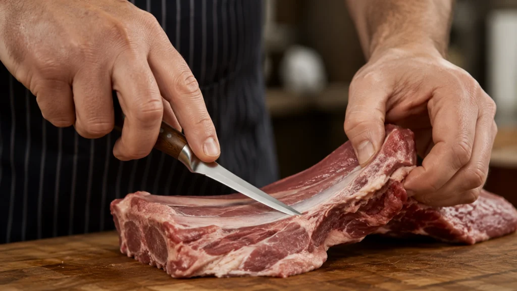 Gros plan sur les mains d'un boucher utilisant un couteau à désosser pour détacher avec précision la chair le long de l'os d'une pièce de viande.