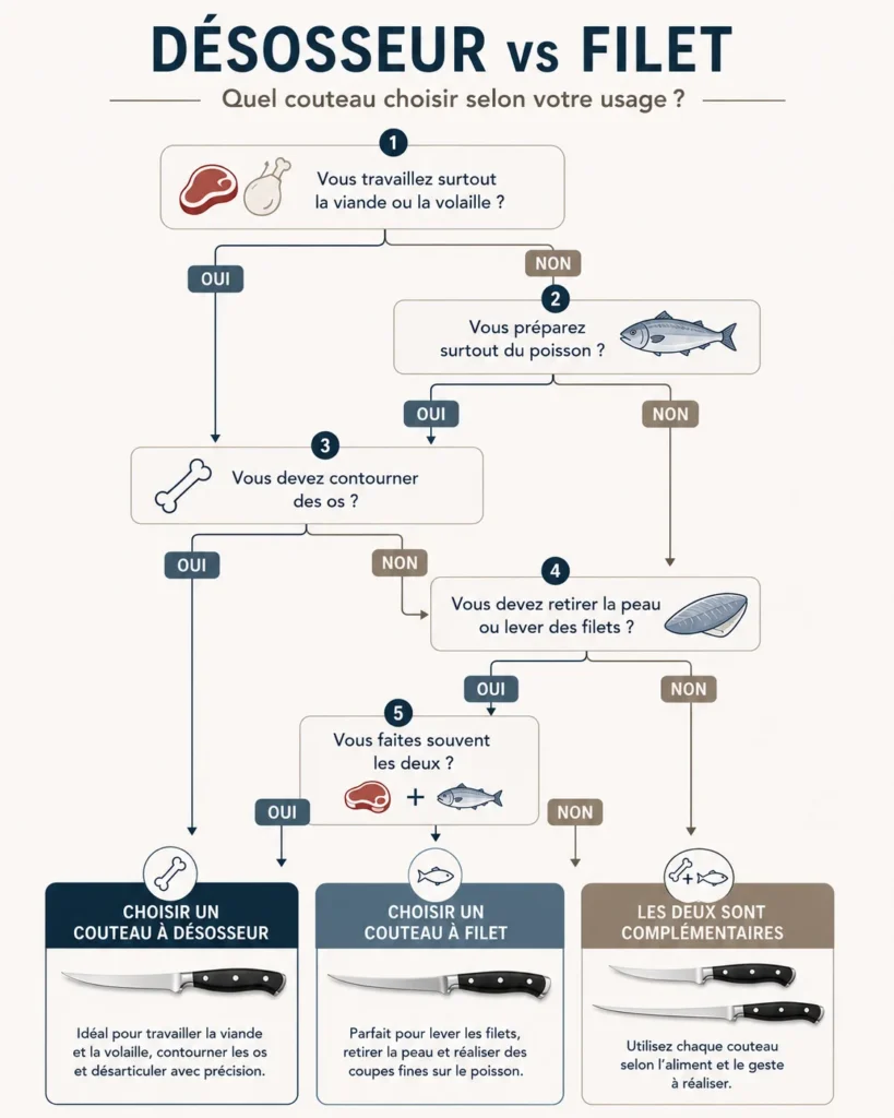 Une infographie sous forme d'arbre de décision intitulée Désosseur vs Filet pour savoir quel couteau choisir selon son usage, présentant plusieurs questions avec des flèches Oui ou Non pour guider vers le choix d'un couteau à désosser, d'un couteau à filet ou des deux modèles complémentaires.