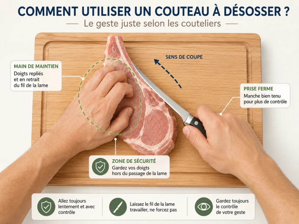 Infographie explicative montrant comment utiliser un couteau à désosser sur une pièce de viande posée sur une planche en bois. L'image détaille la prise ferme du manche, le positionnement de la main de maintien avec les doigts repliés en retrait, la zone de sécurité et le sens de coupe.