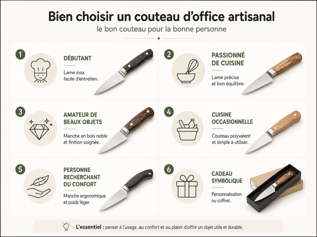 Une infographie intitulée “Bien choisir un couteau d'office artisanal”. Le visuel présente six profils d'acheteurs numérotés accompagnés d'icônes et de différents couteaux d'office avec des manches en bois précieux de nuances variées, allant du brun très sombre au doré clair, se terminant par un modèle présenté dans un coffret noir.