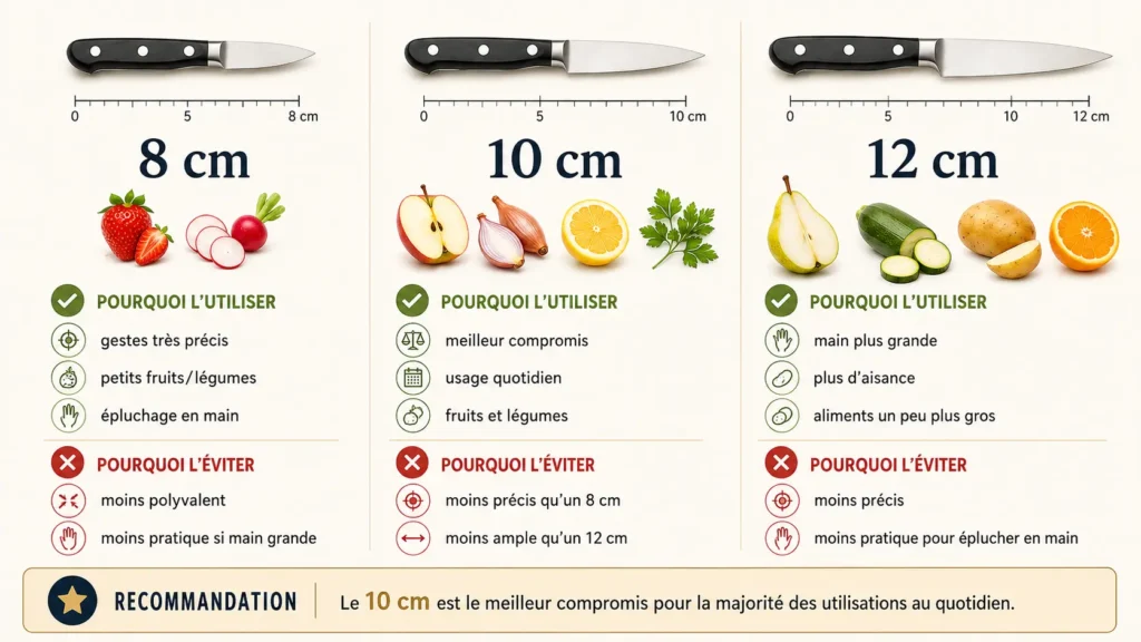 Comparatif des longueurs de lame de couteau d’office entre 8 cm, 10 cm et 12 cm selon les usages.