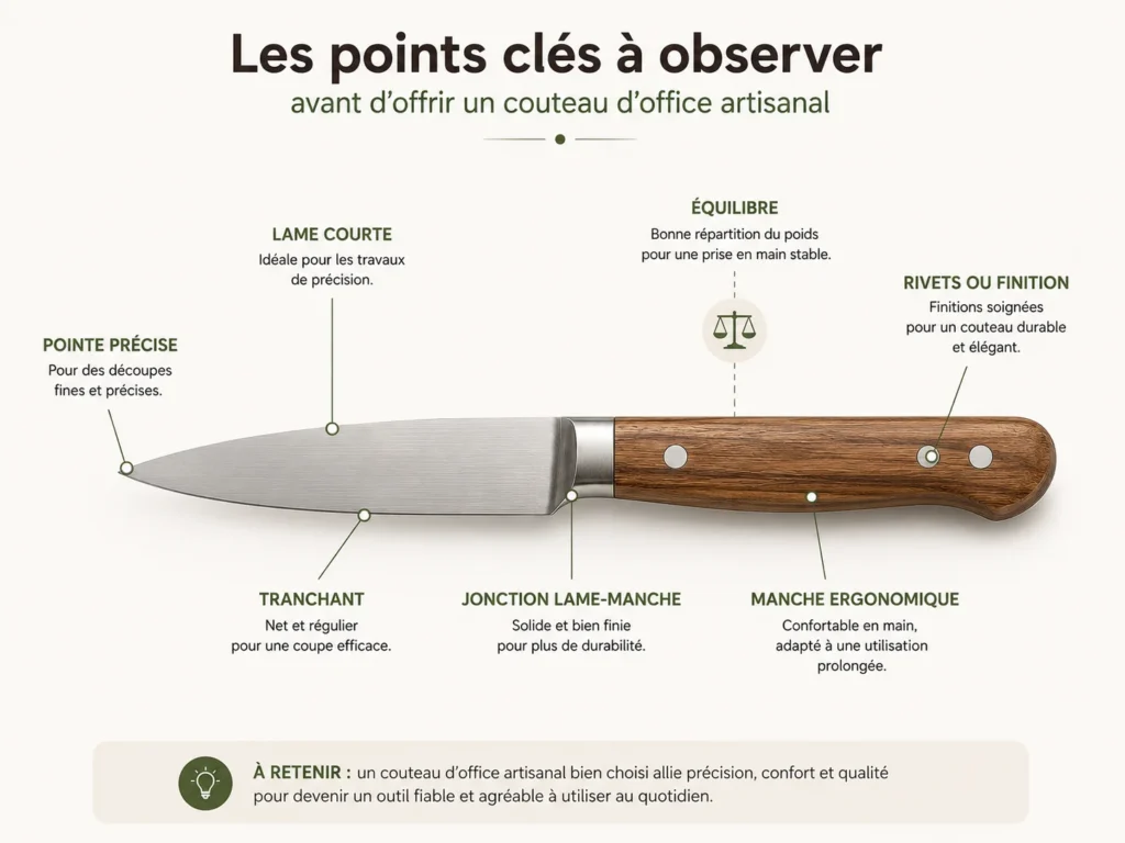 Schéma technique détaillé présentant un couteau d'office au manche en bois brun chaud aux nervures délicates. Des repères pointent les éléments essentiels de sa fabrication, notamment sa pointe précise, sa lame courte au tranchant net, la jonction robuste et les rivets de finition soignés.