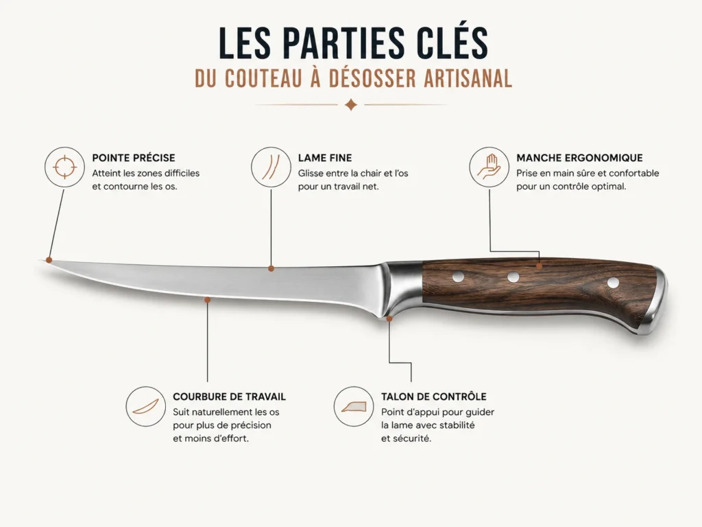 Schéma montrant les parties d’un couteau à désosser artisanal, dont la pointe, la lame fine et le manche ergonomique.
