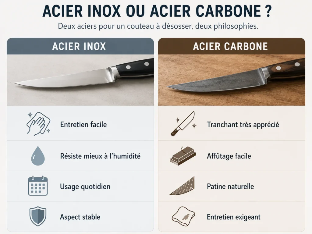Une infographie comparative intitulée acier inox ou acier carbone présentant deux colonnes distinctes pour un couteau à désosser. À gauche, la section dédiée à l'acier inox montre une lame au fini brillant et net sur un fond gris clair neutre, tandis qu'à droite, la section sur l'acier carbone met en valeur une lame sombre aux reflets patinés posée sur un support en bois brun chaleureux au grain bien visible.