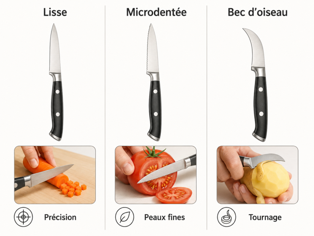 Schéma comparant un couteau d’office à lame lisse, microdentée et bec d’oiseau.
