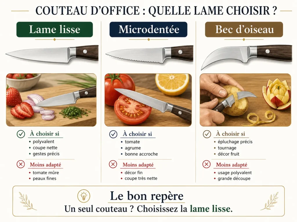 Schéma comparant les lames de couteau d’office lisse, microdentée et bec d’oiseau.