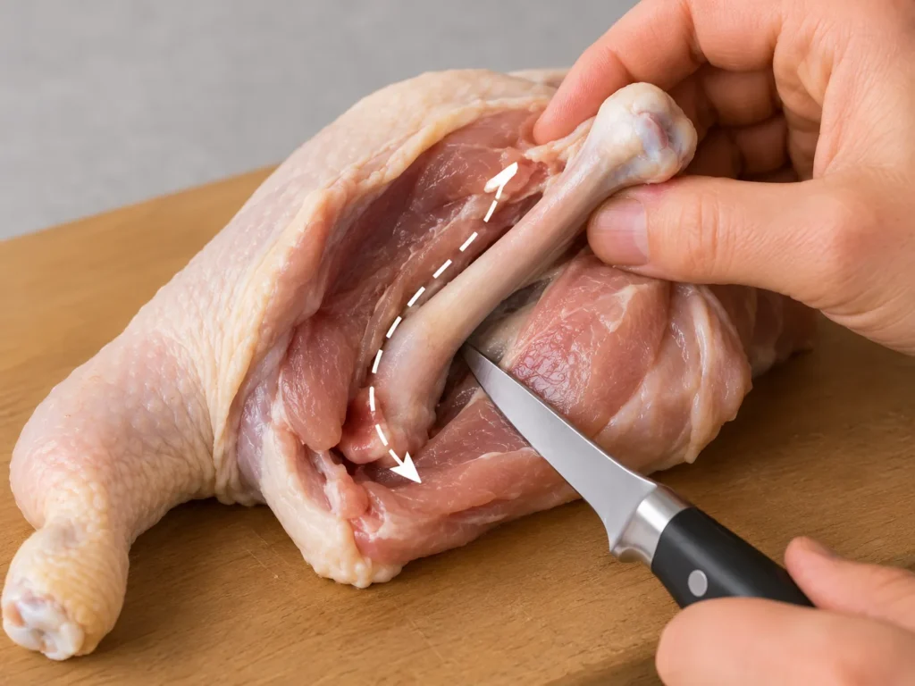 Une vue rapprochée montrant des mains en train d'utiliser un couteau à désosser pour détacher l'os d'une cuisse de poulet sur une planche en bois, avec une flèche en pointillés blancs qui indique le mouvement de courbe à suivre avec la lame fine