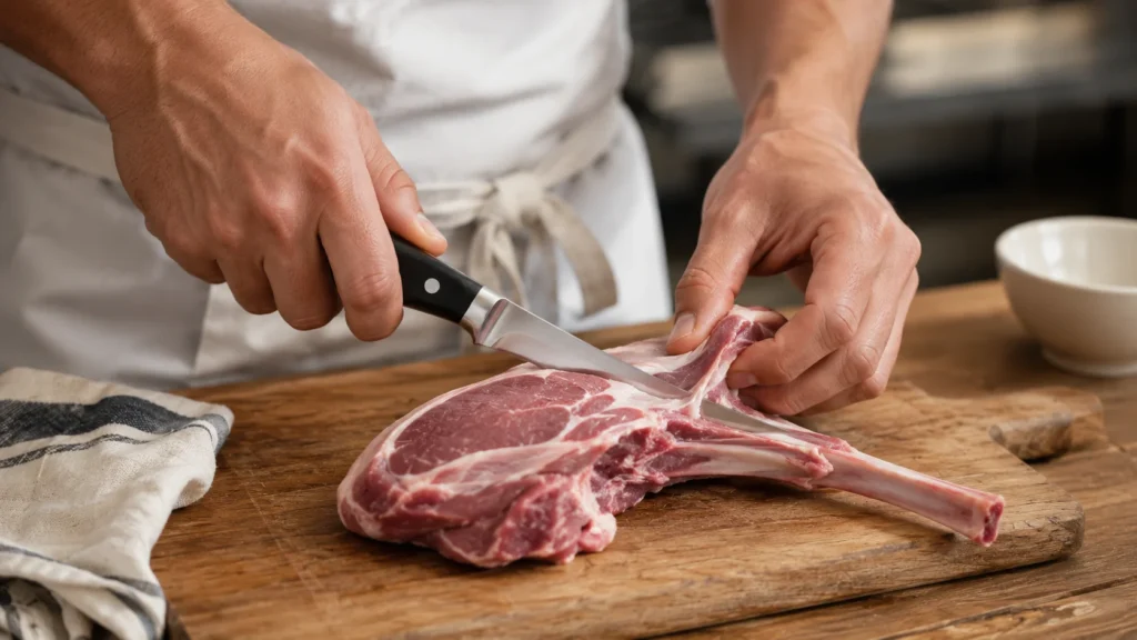 Les mains d'un cuisinier en tablier blanc maniant un couteau à désosser à la lame inox effilée et nette pour détacher la viande le long de l'os d'une côte de bœuf crue posée sur une planche à découper en bois massif d'un brun moyen marqué par des marques d'usure authentiques à côté d'un torchon rayé
