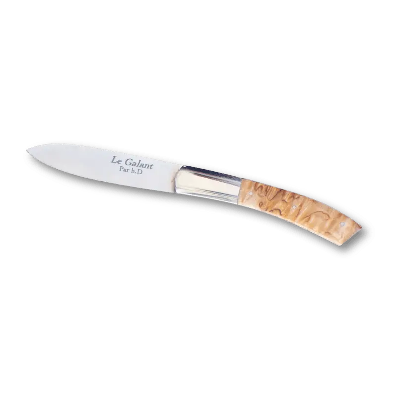 Couteau artisanal pliant Le Galant dévoilant un manche très élégant en bois