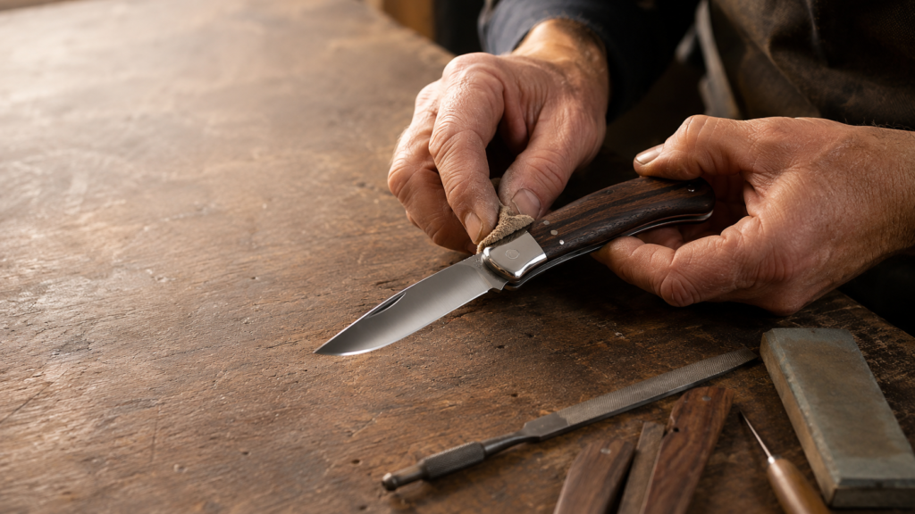 Artisan coutelier réalisant à la main les finitions d’un couteau français pliant dans son atelier.