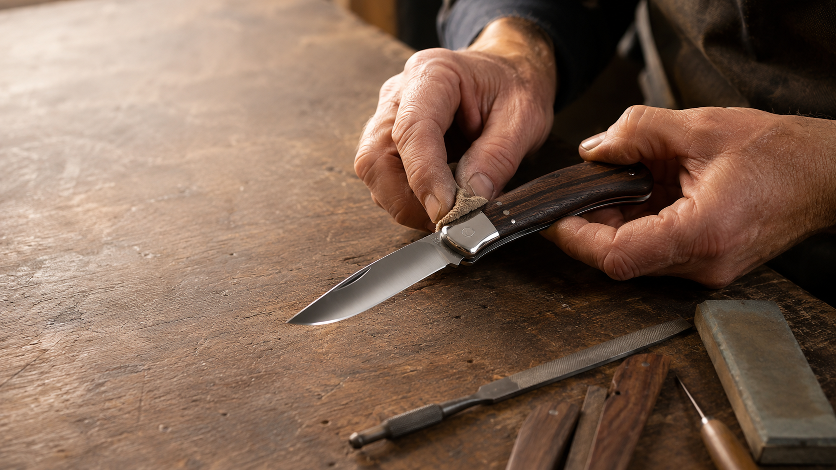 Artisan coutelier réalisant à la main les finitions d’un couteau français pliant dans son atelier.