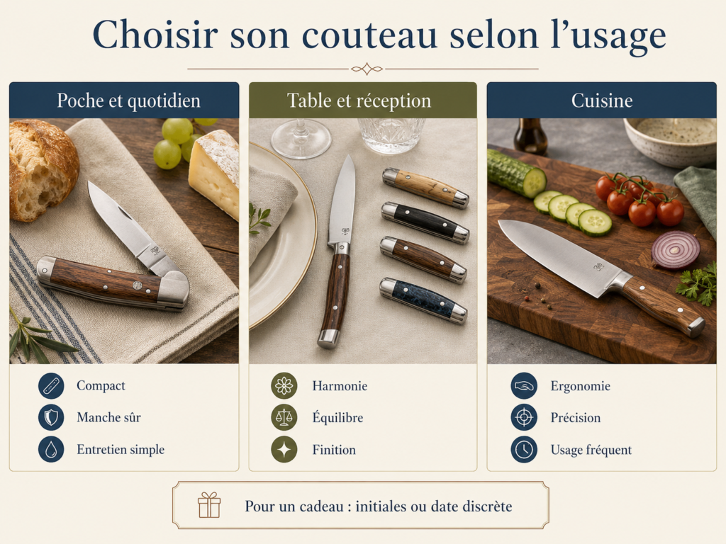 Guide visuel comparant le couteau pliant, le couteau de table et le couteau de cuisine selon leur usage.