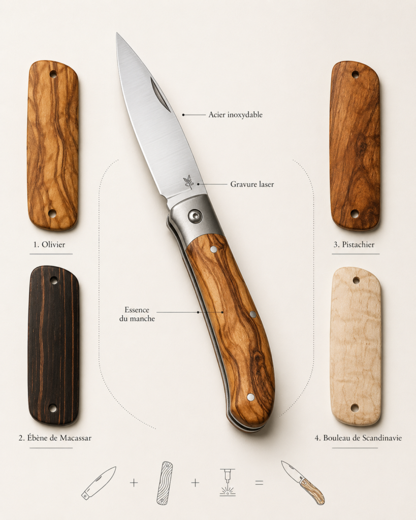Couteau personnalisé entouré d’échantillons d’olivier, d’ébène de Macassar, de pistachier et de bouleau de Scandinavie.