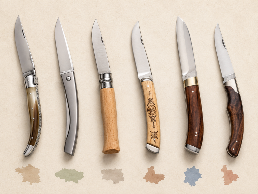 Comparatif visuel des silhouettes d’un Laguiole, d’un Thiers, d’un Opinel, d’un Nontron, d’un couteau basque et d’un couteau ardéchois.