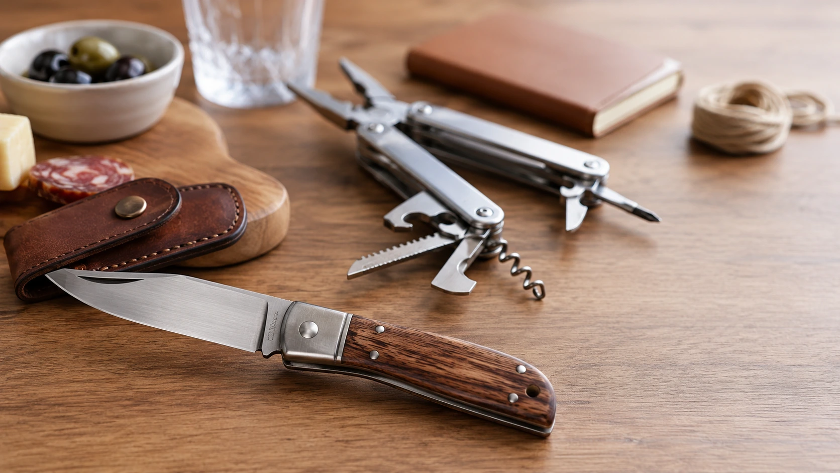 Couteau de poche artisanal posé devant un multi-outils moderne pour illustrer deux approches du couteau multifonction.