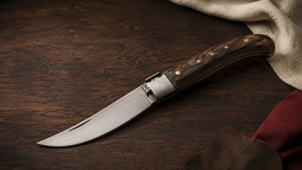 Couteau basque traditionnel ouvert avec lame courbe, manche en corne et rosettes en laiton.