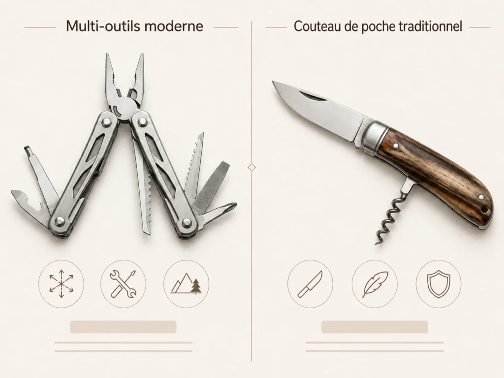 Comparatif visuel entre un multi-outils moderne et un couteau de poche artisanal avec tire-bouchon intégré.