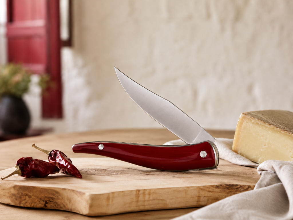 Couteau basque au manche rouge inspiré du piment d’Espelette sur une planche en bois.
