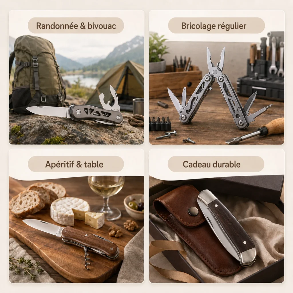 Les différentes utilisations du couteau multifonction : outdoor, en table, bricolage et cadeau.