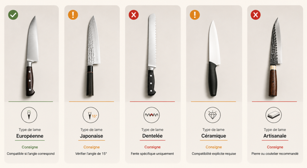 Matrice indiquant la compatibilité des couteaux européens, japonais, dentelés, en céramique et artisanaux avec un aiguiseur électrique.