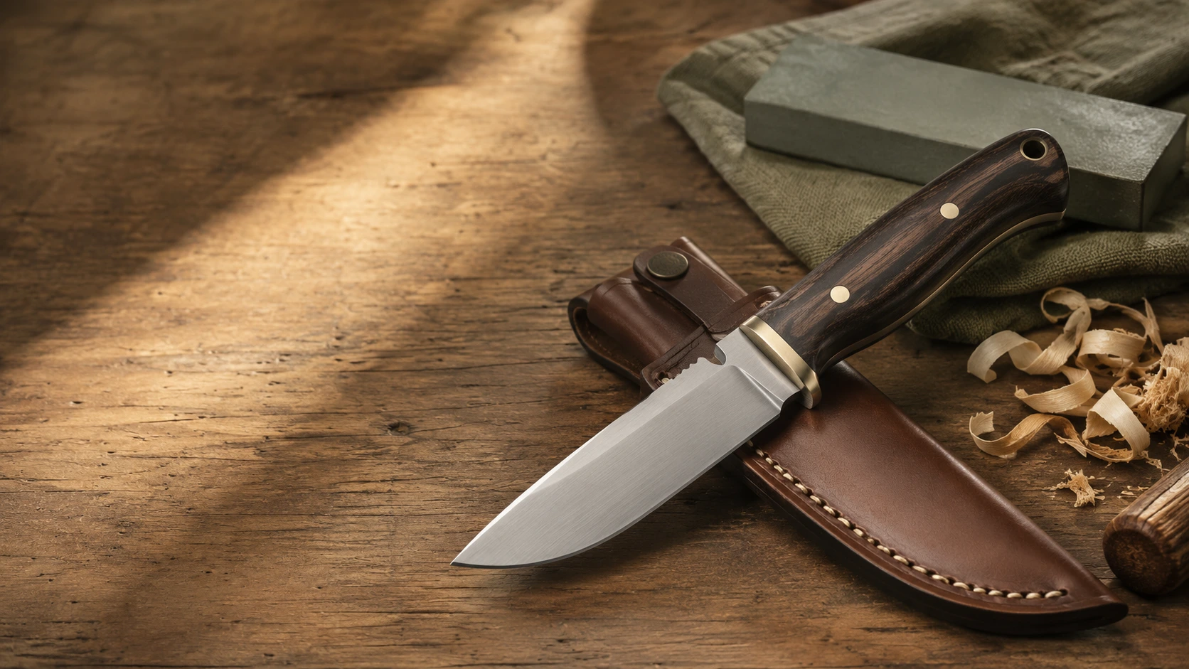 Couteau de chasse à lame fixe posé avec son étui en cuir sur un établi de coutellerie.
