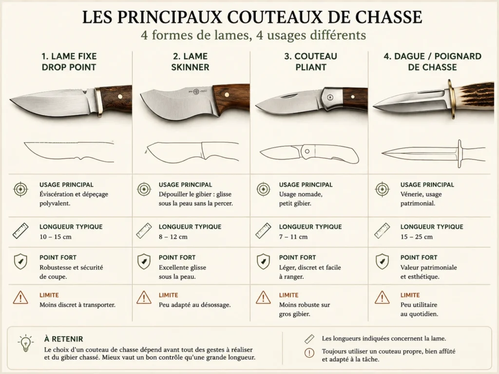 Comparaison d’une lame drop point, d’un skinner, d’un couteau pliant et d’une dague de chasse.