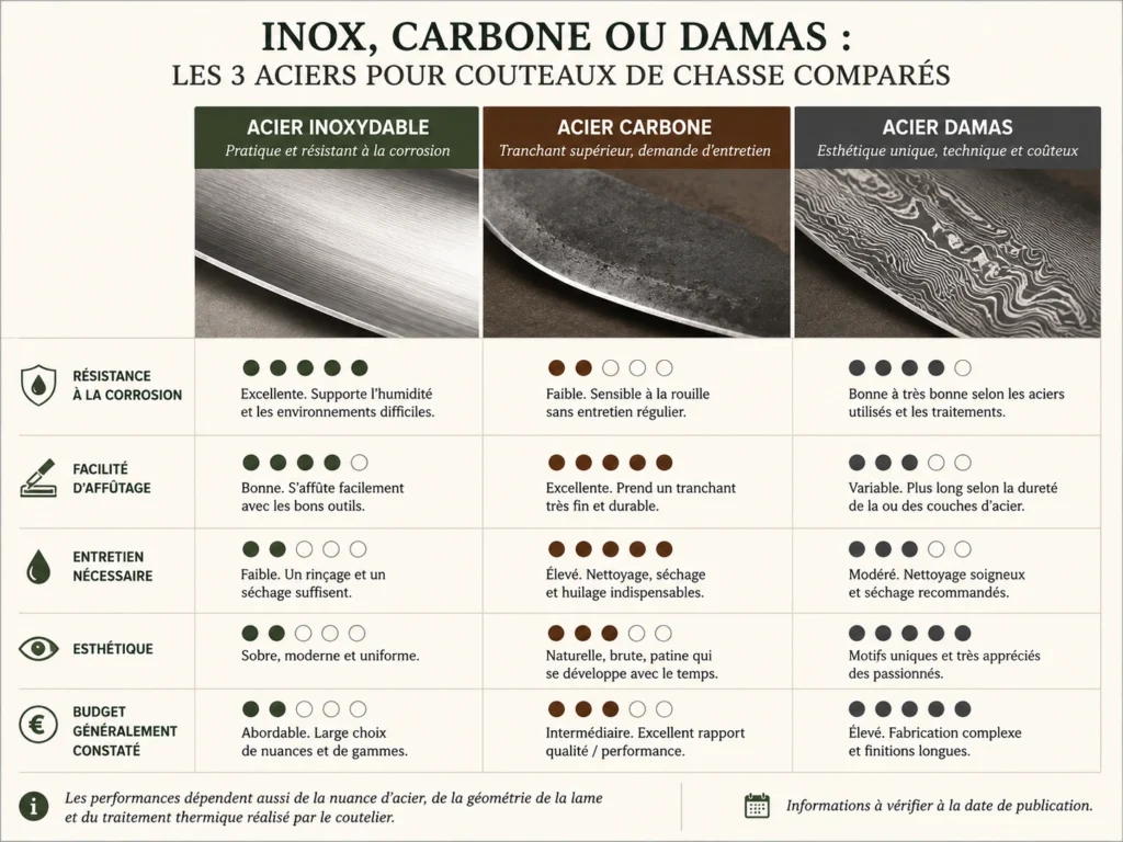 Comparatif de l’acier inoxydable, de l’acier carbone et de l’acier damas pour un couteau de chasse.