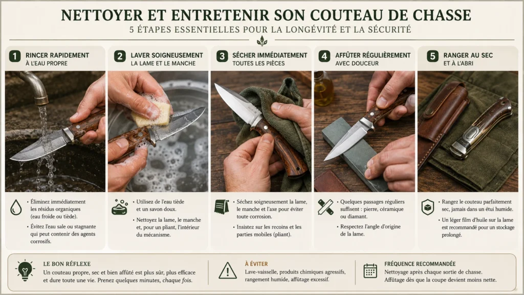 Cinq étapes pour nettoyer, sécher, affûter et ranger correctement un couteau de chasse.
