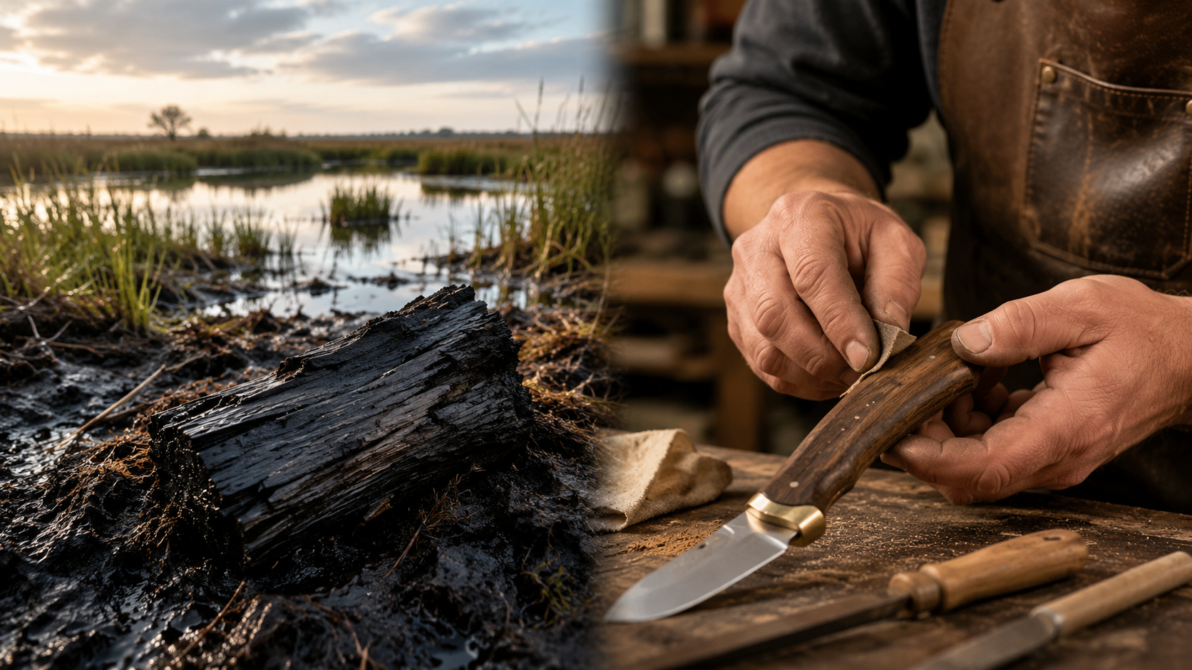 Composition montrant un chêne sombre dans la tourbe de Brière et un artisan façonnant un manche de couteau en atelier.